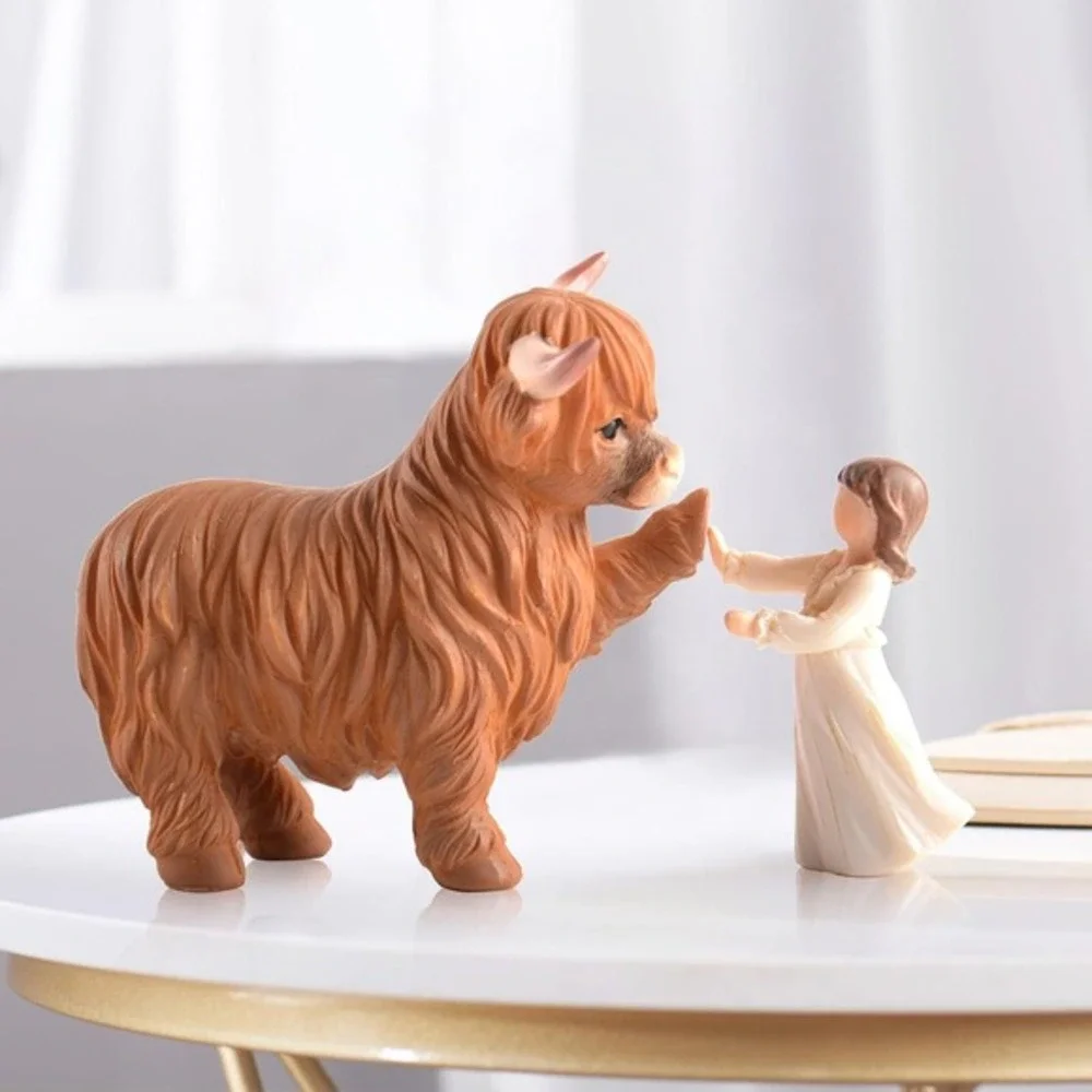 Highland Cow and Girl Resin Figurine Rustic‎ Farmhouse Decor 6.7 Inch Brown